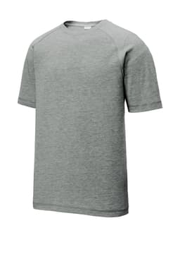 A grey Sport-Tek PosiCharge Tri-Blend Wicking Raglan Tee with a short sleeve design and a logo.