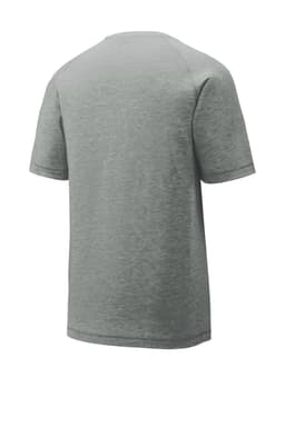 A grey Sport-Tek PosiCharge Tri-Blend Wicking Raglan Tee featuring a simple design and a logo on the back.