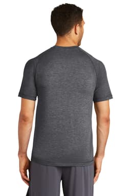 A grey Sport-Tek PosiCharge Tri-Blend Wicking Raglan Tee, viewed from the back, featuring a logo.