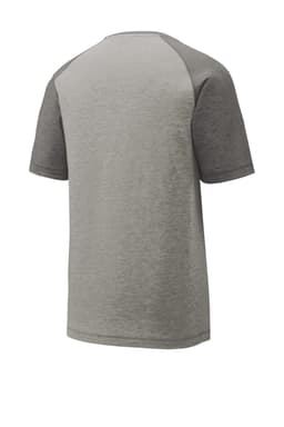 A grey t-shirt featuring a tri-blend fabric and raglan sleeves, with a logo on the back.