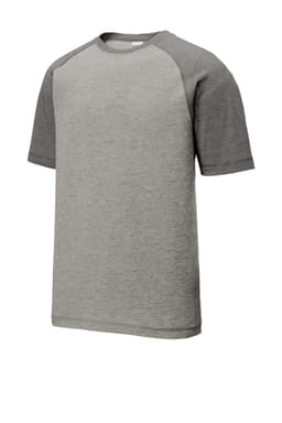 A grey tri-blend t-shirt with raglan sleeves, featuring a logo but no text.