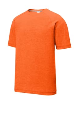 An orange, short-sleeved raglan t-shirt made from tri-blend wicking fabric, featuring a logo.