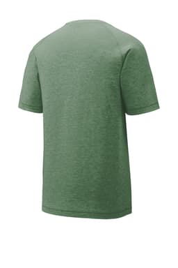 A green Sport-Tek PosiCharge Tri-Blend Wicking Raglan Tee with a back view, featuring a logo.