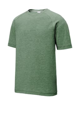 A green Sport-Tek PosiCharge Tri-Blend Wicking Raglan Tee with a relaxed fit and short sleeves, featuring a logo.