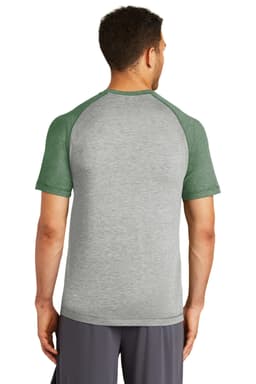 A grey and green Sport-Tek PosiCharge Tri-Blend Wicking Raglan Tee featuring a logo on the back.