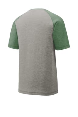 A grey and green Sport-Tek PosiCharge Tri-Blend Wicking Raglan Tee featuring a raglan sleeve design and a logo.