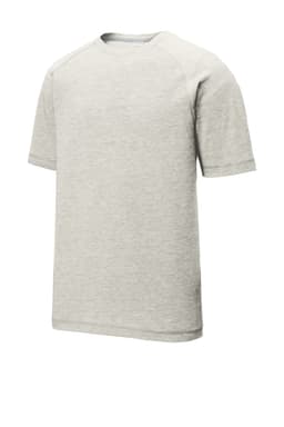 A light grey raglan tee with short sleeves, featuring a logo on the chest.