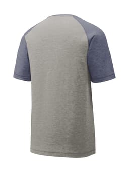 A grey t-shirt with blue raglan sleeves, featuring a logo on the back.