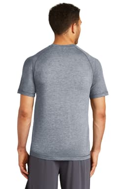 A grey athletic t-shirt with short sleeves and a raglan design, featuring a logo on the back.
