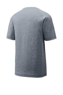 A grey PosiCharge Tri-Blend Wicking Raglan Tee, featuring a simple design and a logo on the back.