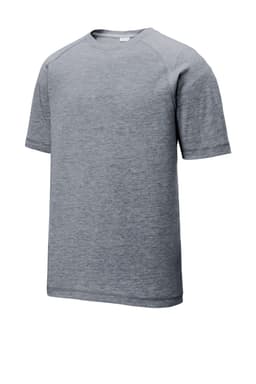 A grey tri-blend raglan tee featuring short sleeves and a casual fit, with a logo on the design.