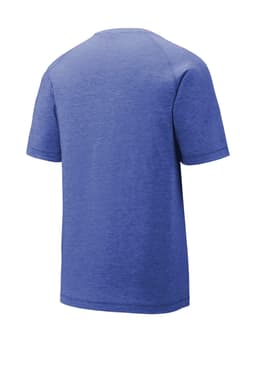 A blue Sport-Tek PosiCharge Tri-Blend Wicking Raglan Tee with a plain back view and a logo on the label.