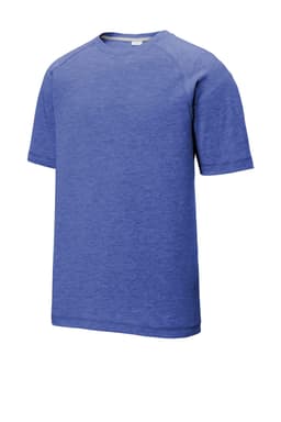 A blue Sport-Tek PosiCharge Tri-Blend Wicking Raglan Tee with a short sleeve design and a logo.
