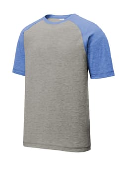 A grey and blue Sport-Tek PosiCharge Tri-Blend Wicking Raglan Tee with short sleeves and a logo.