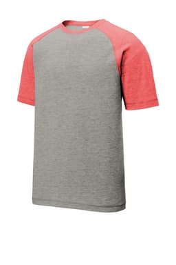 A grey t-shirt with red raglan sleeves, featuring a branding logo on the front.