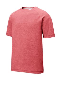 A red tri-blend wicking raglan tee with short sleeves and a branding logo.