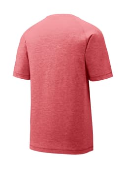 A red Sport-Tek PosiCharge tri-blend wicking raglan tee, featuring a logo, viewed from the back.