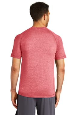 A red Sport-Tek PosiCharge Tri-Blend Wicking Raglan Tee, shown from the back, features a plain design and short sleeves.