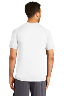 A man wearing a light grey Sport-Tek PosiCharge Tri-Blend Wicking Raglan Tee from the back. The shirt features a logo.
