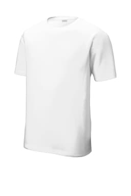 A plain white T-shirt with short sleeves and a crew neck, featuring a logo on the chest area.