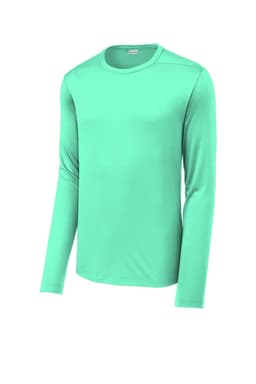 A mint green long sleeve tee with a round neck and a logo on the sleeve.