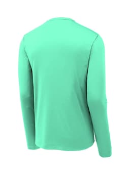 A long sleeve tee in a vibrant mint green colour, featuring a back view and a logo.