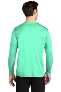 A man wearing a mint green long sleeve tee shirt from the back, featuring a logo on the upper back.