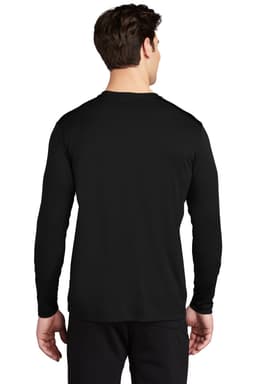 A black long sleeve tee displayed on a model, featuring a smooth fabric and a logo on the back.
