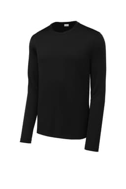 A black long sleeve tee made from moisture-wicking fabric, featuring a logo. Ideal for active wear.