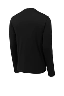 A black long sleeve tee with a back view. The shirt features a logo on the upper back.