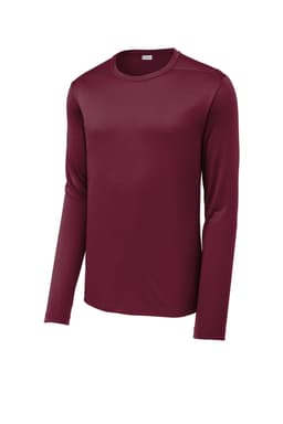A maroon long sleeve tee made from lightweight material, featuring a round neckline and long sleeves. It has a logo.