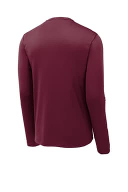 A maroon long sleeve tee featuring a logo on the back. Suitable for casual wear.