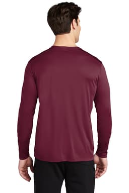 A long sleeve maroon tee with a smooth finish, featuring a logo on the back.