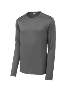 A long sleeve tee in grey with a smooth finish and a logo on the chest.