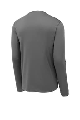A grey long sleeve tee shirt featuring a logo, displaying the back view. Ideal for sport or casual wear.