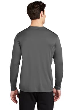 A long sleeve grey t-shirt with a smooth fabric texture and a logo on the back.