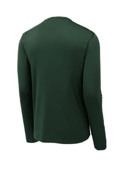A long sleeve T-shirt in dark green, featuring a plain design and a logo on the back.