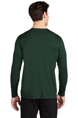 A man wearing a green long sleeve tee, featuring a back view. The shirt includes a logo.