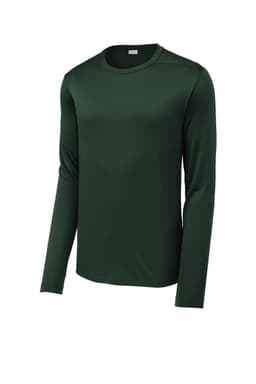 A dark green long sleeve tee featuring a smooth fabric and a crew neck design. It has a logo on the chest.