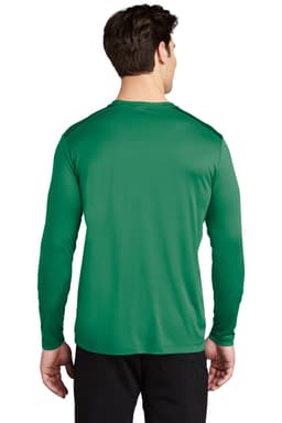 A green long sleeve tee from Sport-Tek, featuring a logo on the back.