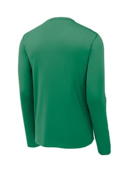 A green long sleeve tee from Sport-Tek with a logo on the back.