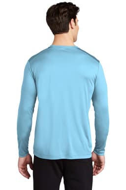A long sleeve tee in a light blue colour, featuring a logo on the back.