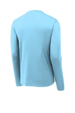 A light blue long sleeve tee with a simple design and a logo on the back.