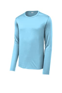 A light blue long sleeve tee with a smooth finish and a logo on the chest. Suitable for casual wear.