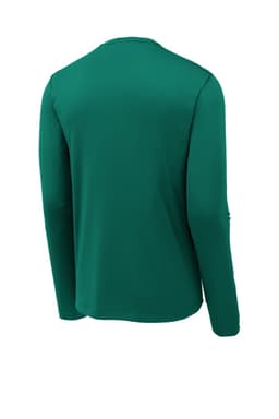 A long sleeve tee in a deep green colour, featuring a logo on the back.