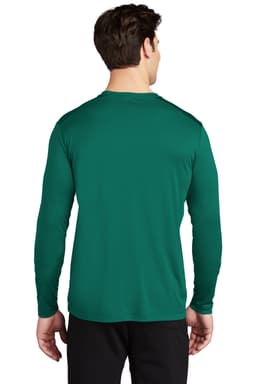A long sleeve tee in a deep green colour, featuring a logo on the back, modelled by a man.