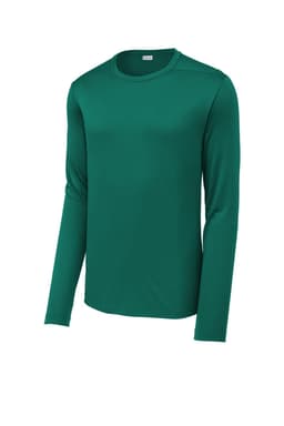 A long sleeve tee in a vibrant green colour, featuring a logo, designed for active wear.