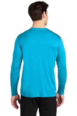 A long sleeve tee in a vibrant blue colour, featuring a logo on the back.