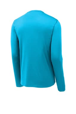A long sleeve tee in bright aqua blue, featuring a simple design with a logo.