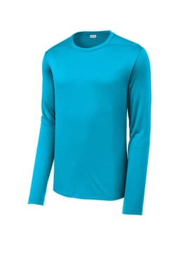 A long sleeve t-shirt in a vibrant teal colour with a logo. Made from lightweight, UV-protective fabric.